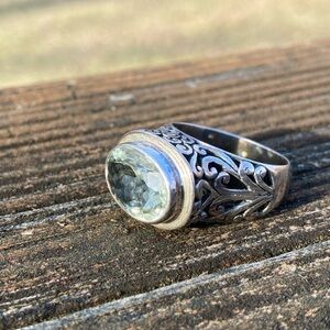 Vintage Natural Green Amethyst 925 Sterling Silver 18k Gold Plated Ring Size 9